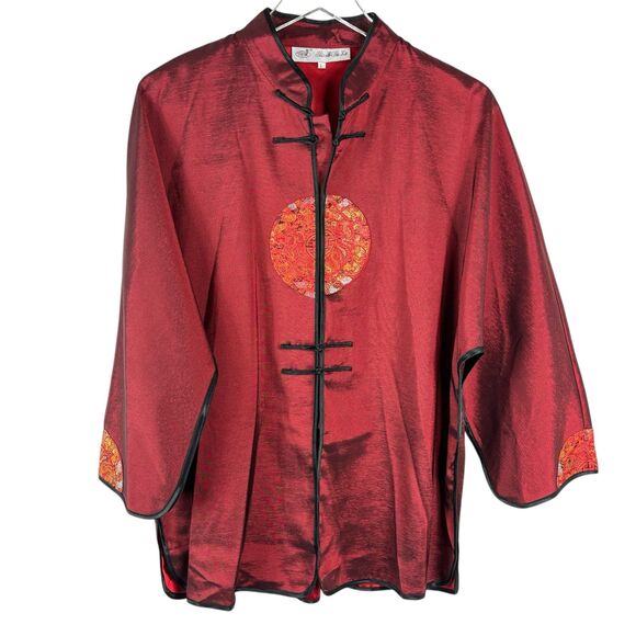 Asian red satin jacket L mandarin collar luxury boho light weight blazer style - Picture 1 of 14